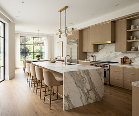 Marble-lined living space with warm lighting